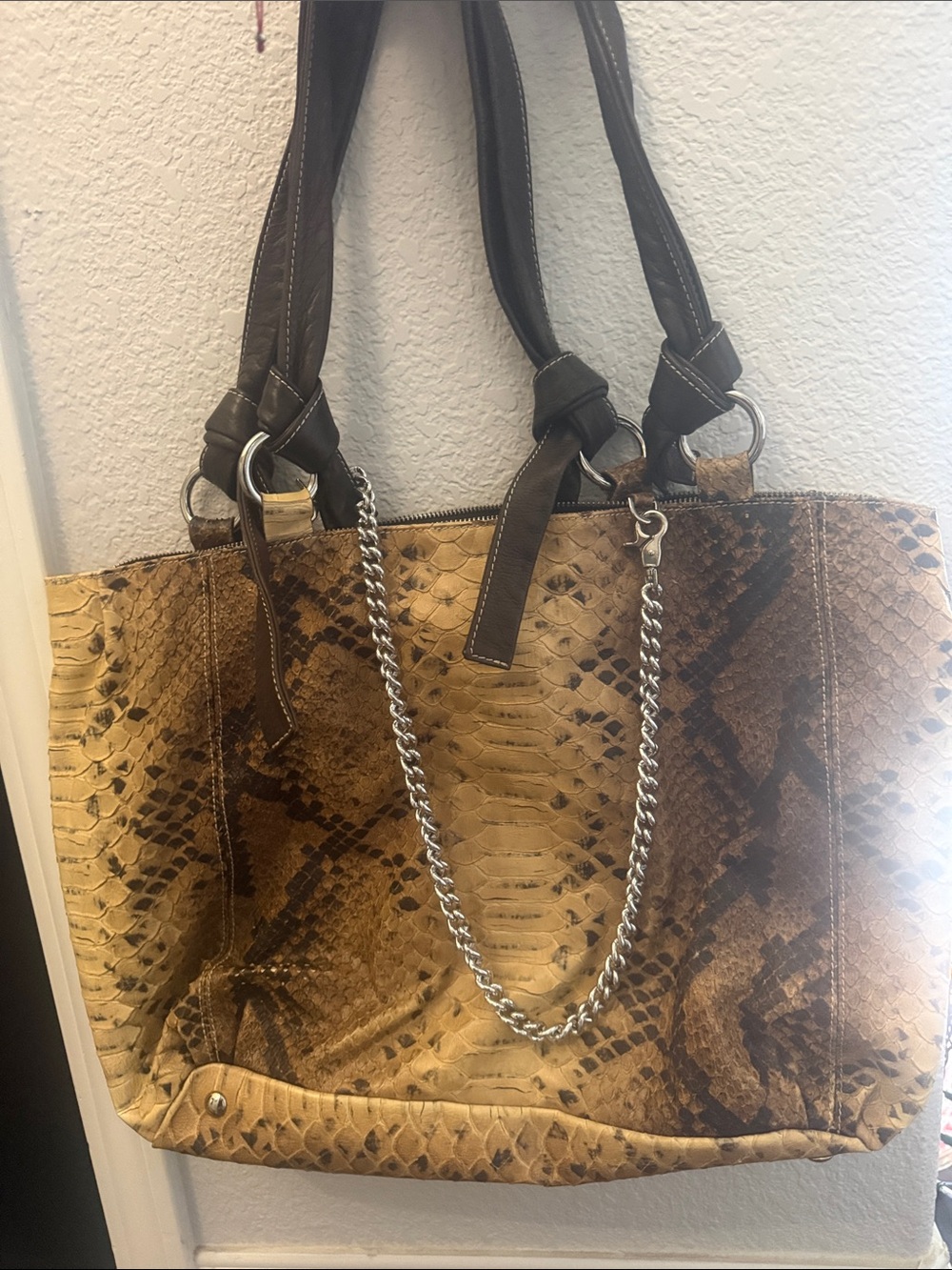 Women's Python-Pattern Tote Bag in Tan and Brown